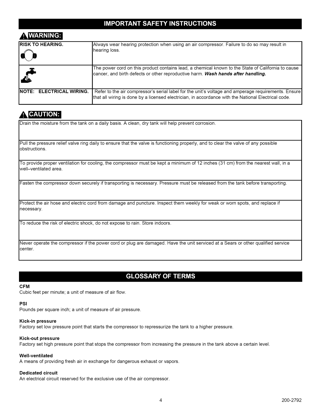 Craftsman 921.16474, 921.16475 owner manual Risk to Hearing, Cfm, Psi 