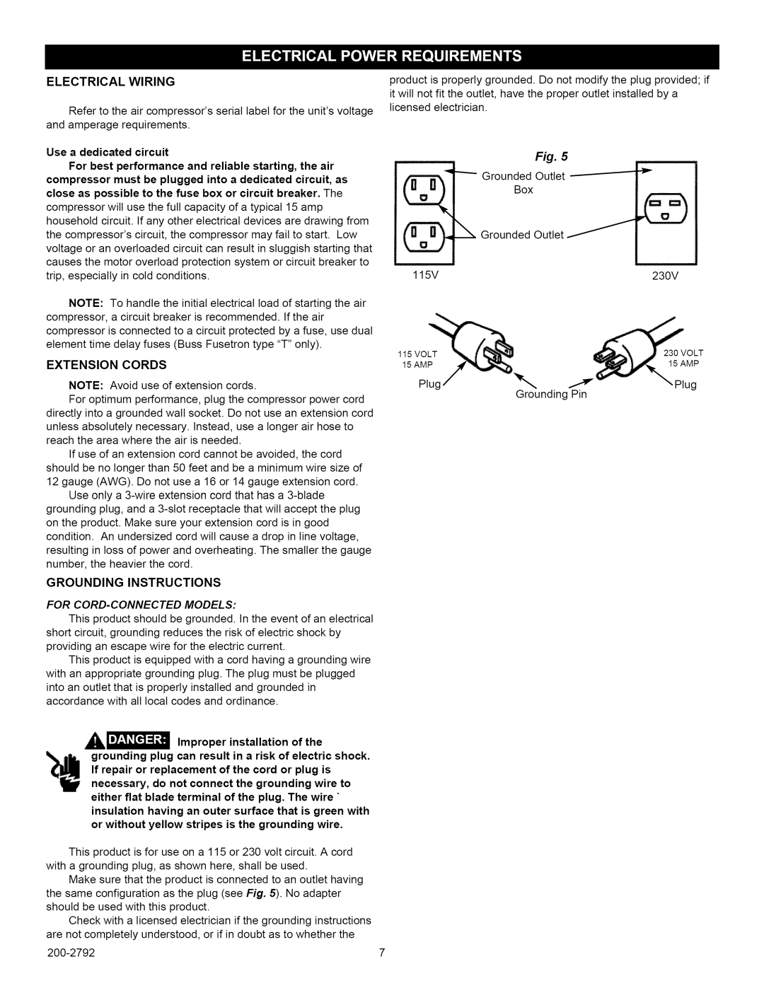 Craftsman 921.16475, 921.16474 owner manual Electrical Wiring, Extension Cords, Grounding Instructions 