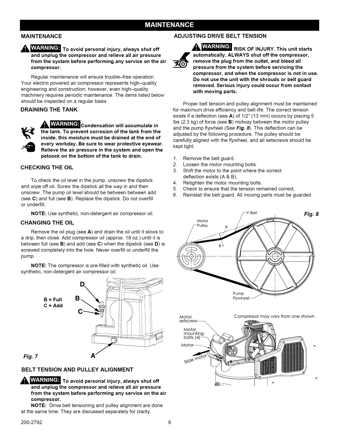 Craftsman 921.16475, 921.16474 owner manual Maintenance, Draining the Tank, Checking the OIL, Adjusting Drive Belt Tension 