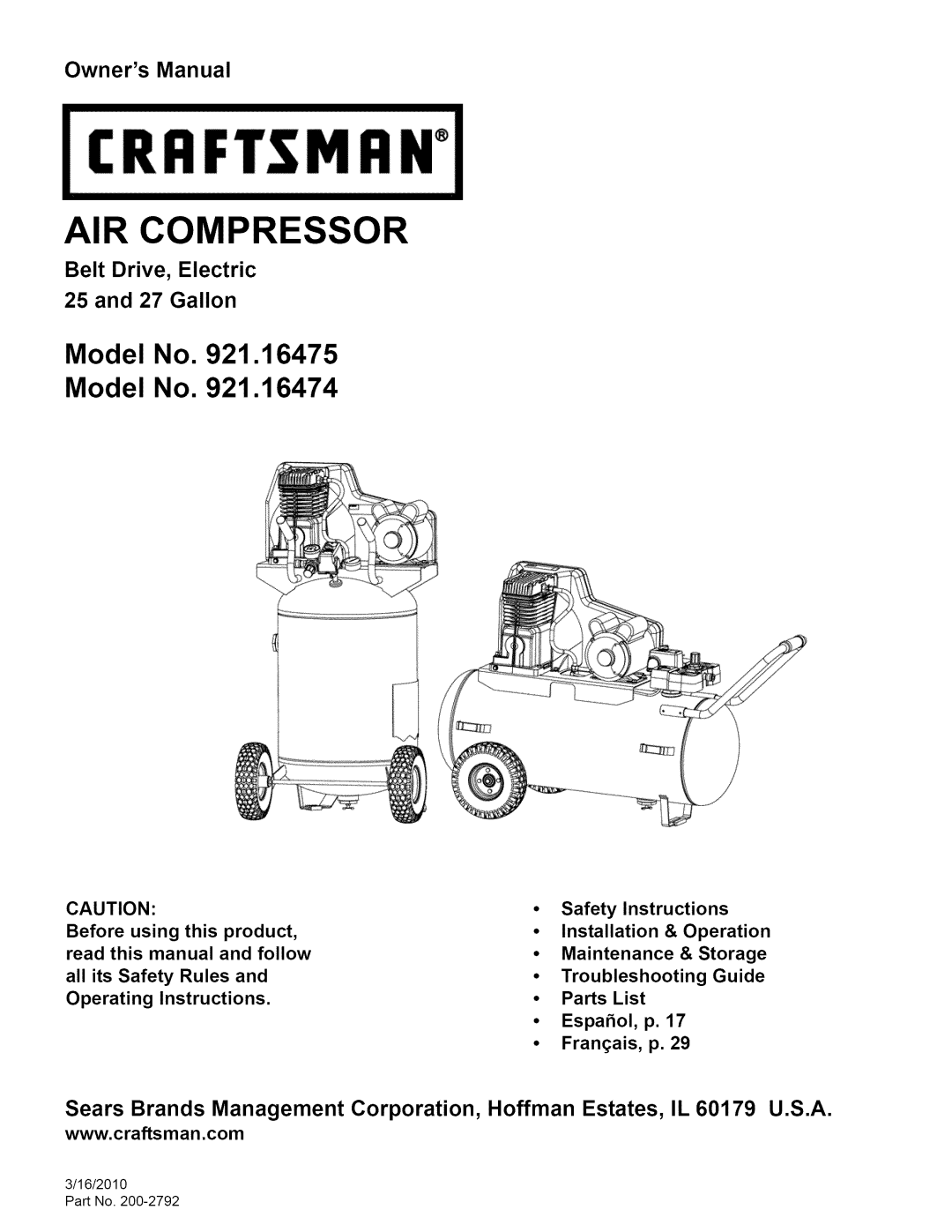 Craftsman 921.16475 owner manual Owners Manual, Belt Drive, Electric 25 and 27 Gallon, Air Compressor, Model No Model No 
