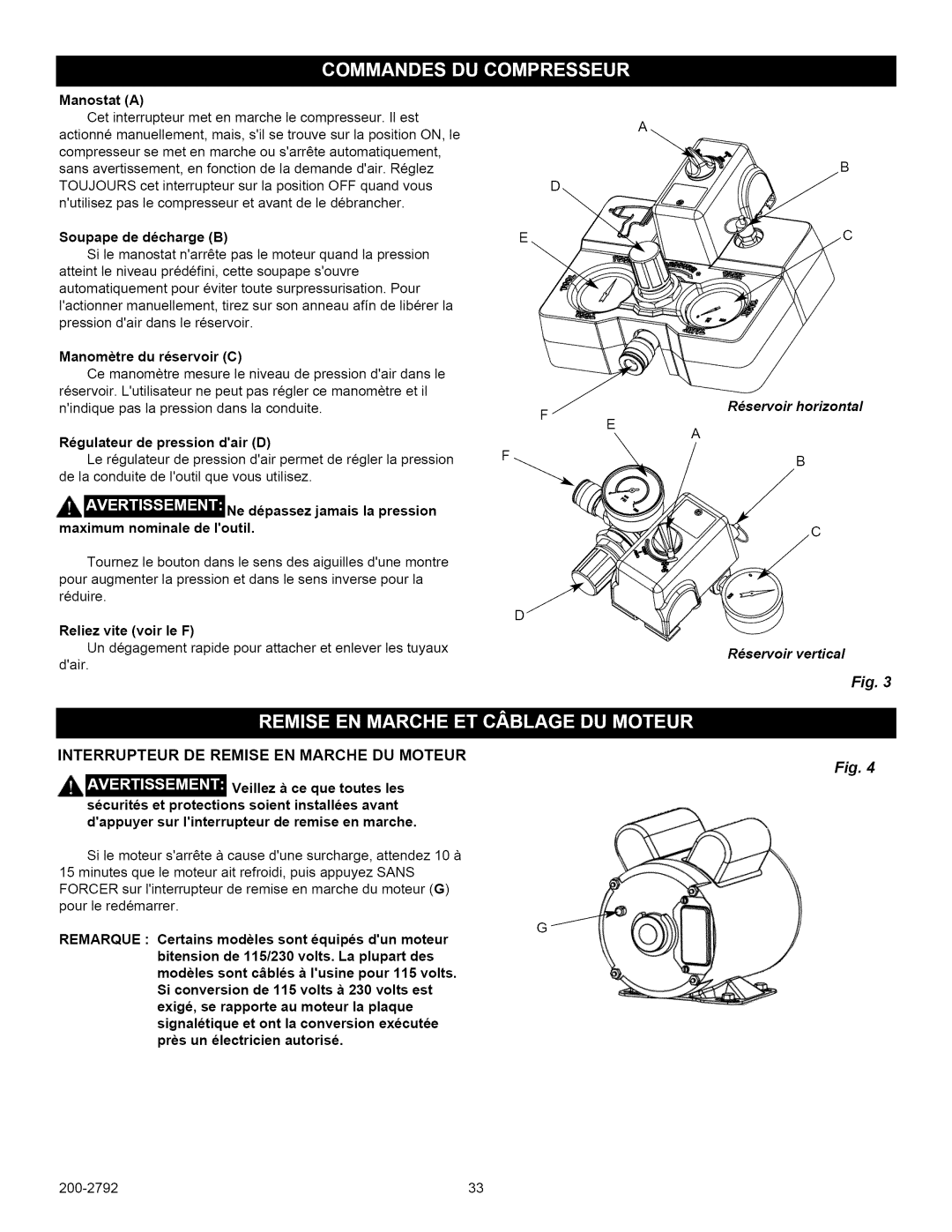 Craftsman 921.16475, 921.16474 owner manual Interrupteur De Remise En Marche Du Moteur, Reservoir vertical 
