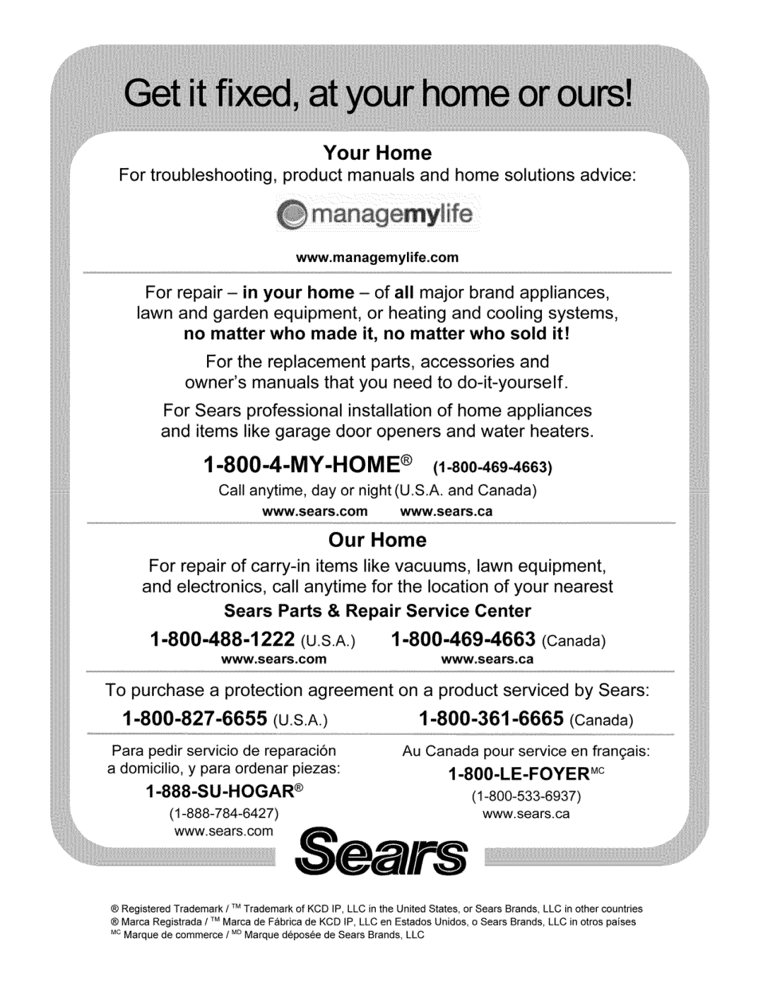 Craftsman 921.16474, 921.16475 Sears Parts & Repair Service Center, My-Home, Your Home, Our Home, Canada, t-800-361-6665 