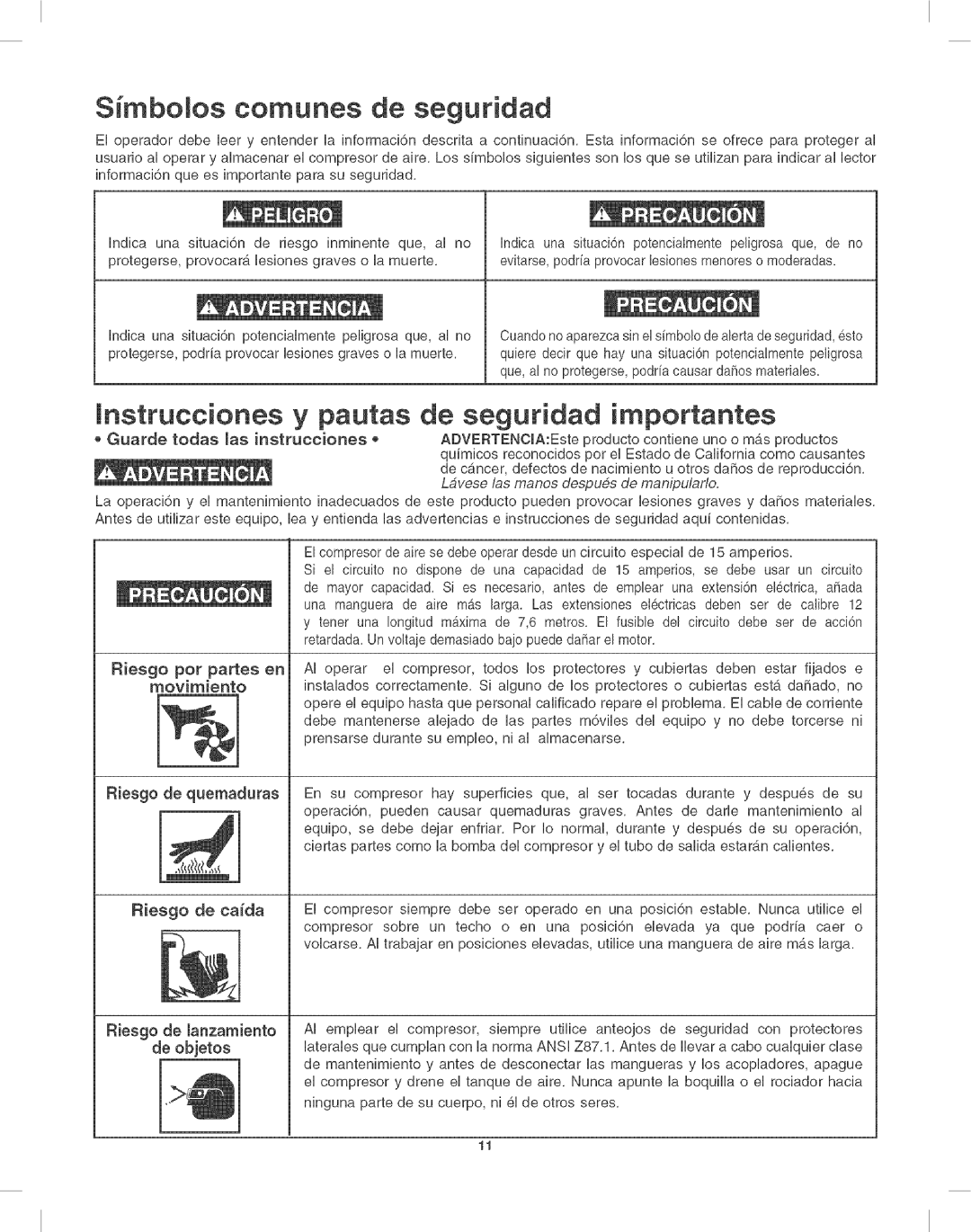 Craftsman 921.16638 Smbolos comunes de seguridad, Lnstrucciones y pautas de seguridad importantes, Riesgo de cada 