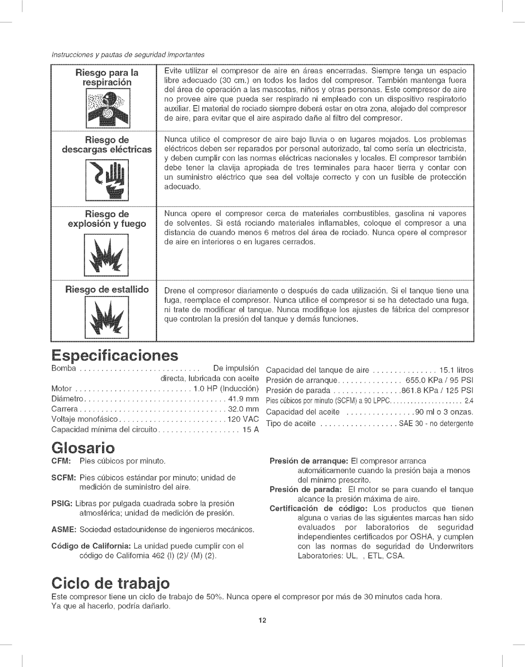 Craftsman 921.16638 operating instructions CicJo de trabao, Riesgo para a respiraci6n, Riesgo de descargas ectricas 