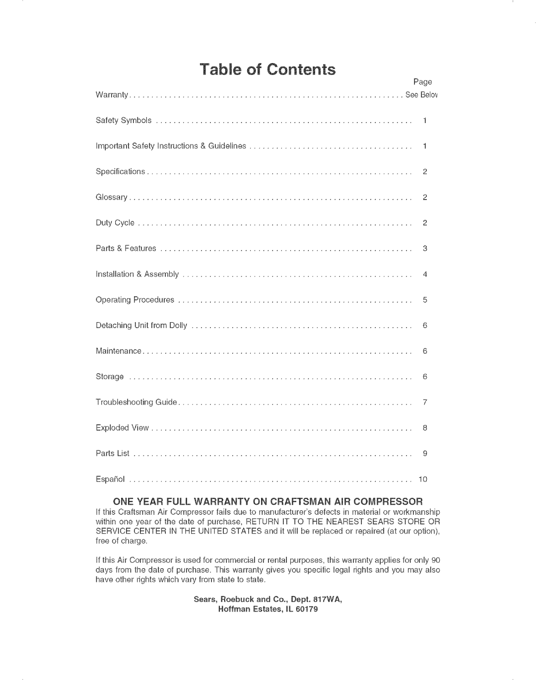 Craftsman 921.16638 operating instructions Contents 