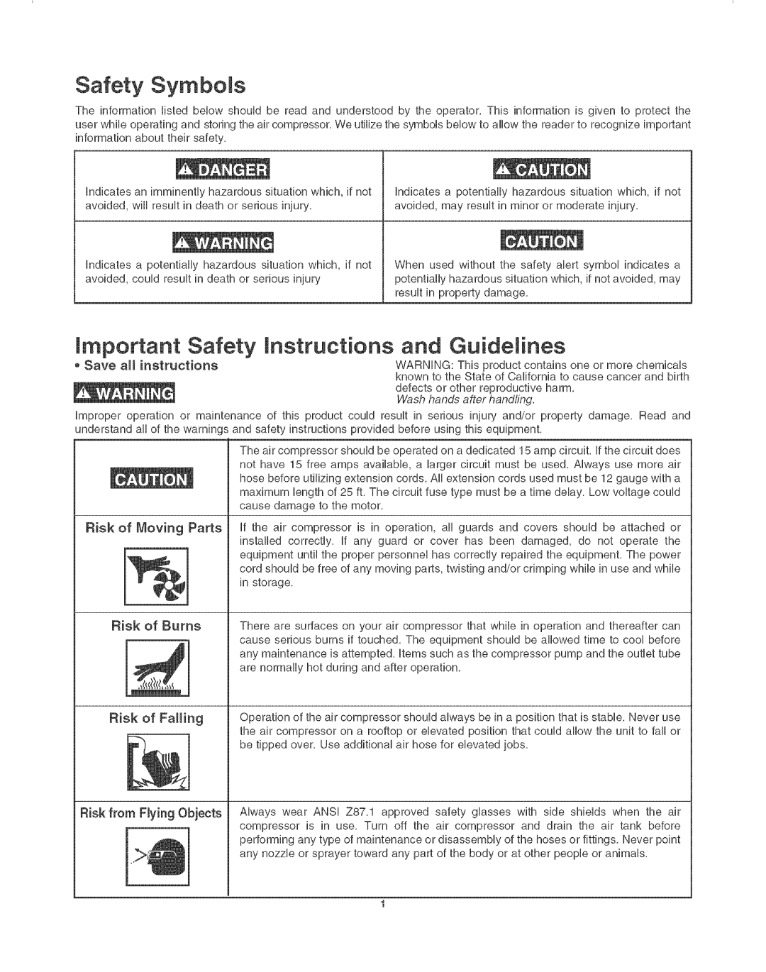 Craftsman 921.16638 Safety Symbols, Mmportant Safety mnstructions and Guidelines, Risk Burns, Risk Falling 