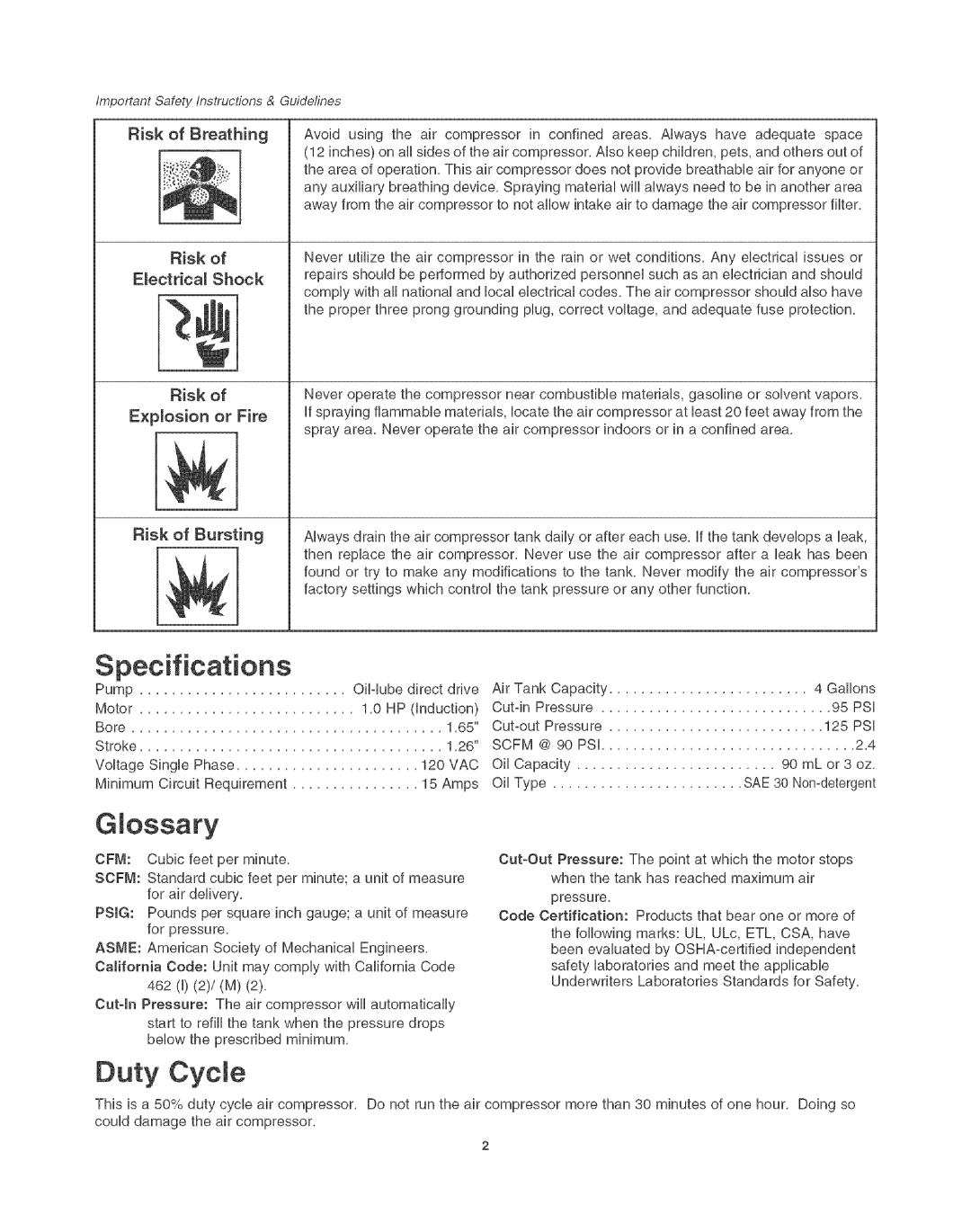 Craftsman 921.16638 operating instructions Specifications, Duty Cycle, Glossary 