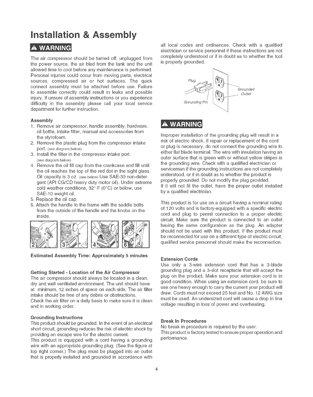 Craftsman 921.16638 operating instructions Mnsta ation & Assembly, Grounding instructions 