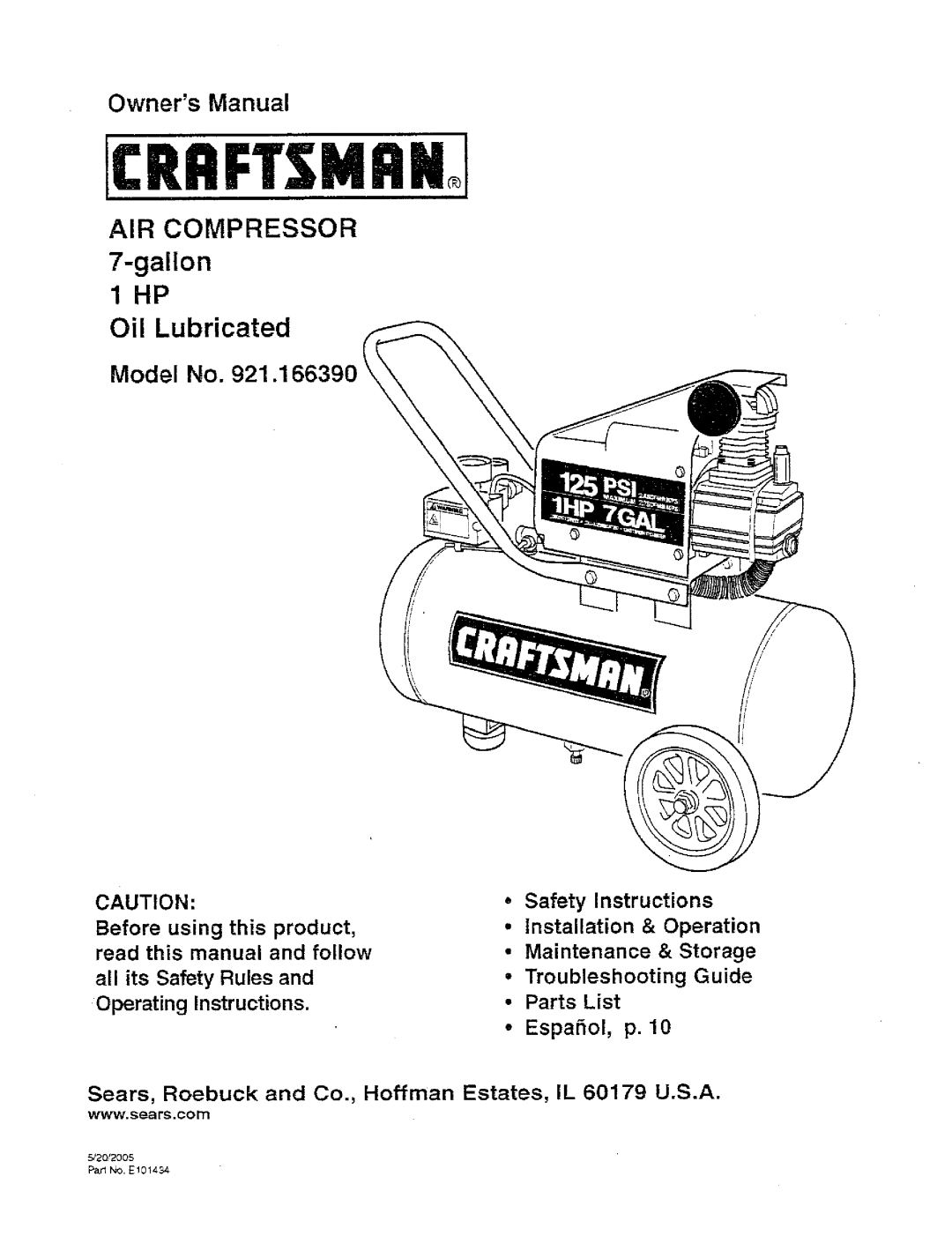 Craftsman 921.166390 owner manual AIR Compressor 