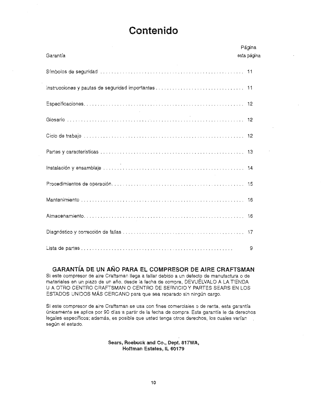 Craftsman 921.166390 owner manual Contenido, Pgina, Estapagina, Sears, Roebuck and Co., Dept WA Hoffman Estates, IL 