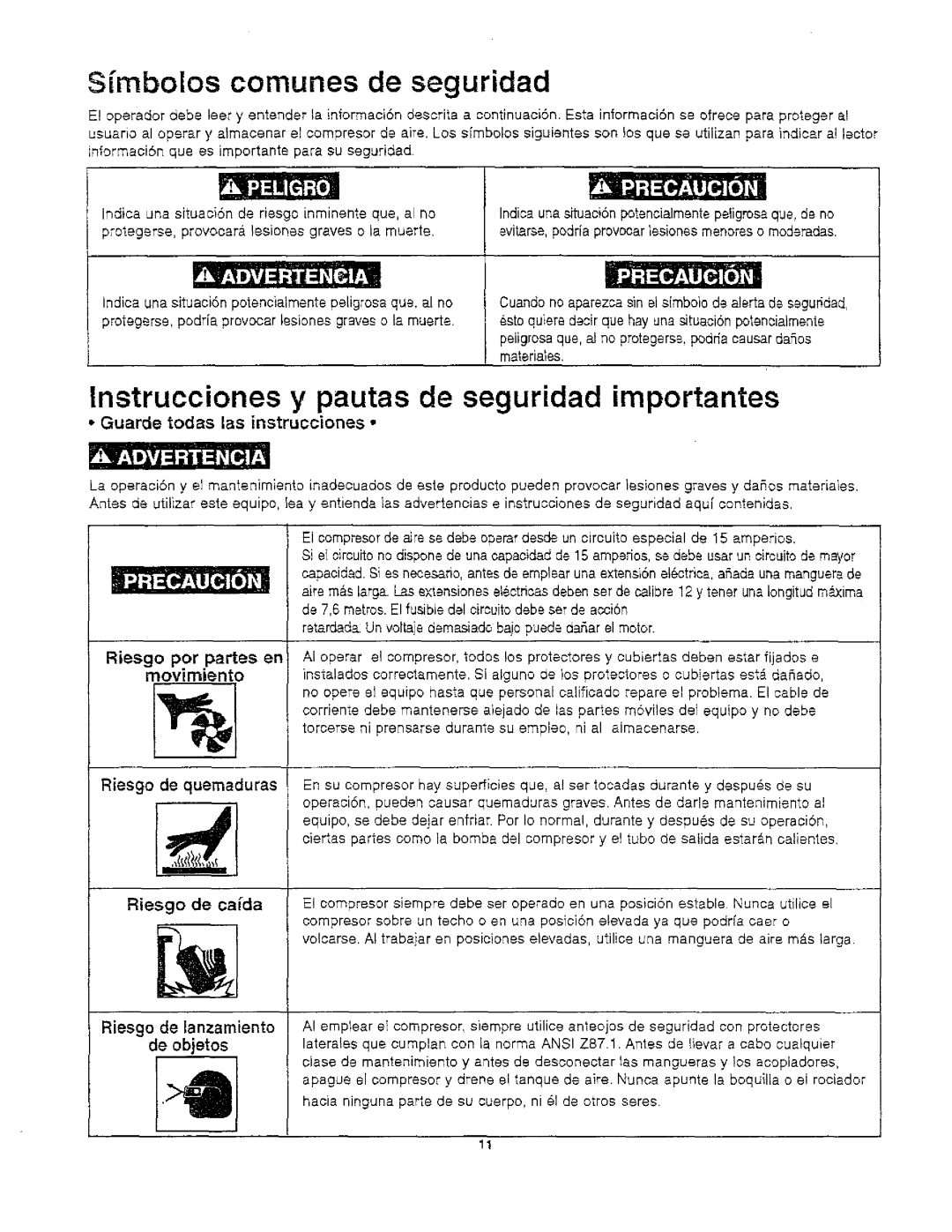 Craftsman 921.166390 Sfmbolos comunes de seguridad, Lnstrucciones y pautas de seguridad importantes, De objetos 