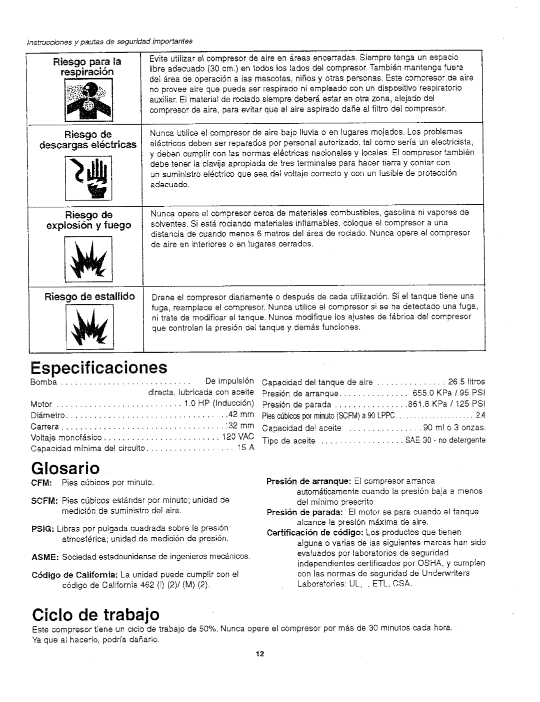 Craftsman 921.166390 owner manual Especificaciones, Glosario, Ciclo de trabajo, Presibn de parada 861.8 KPa 