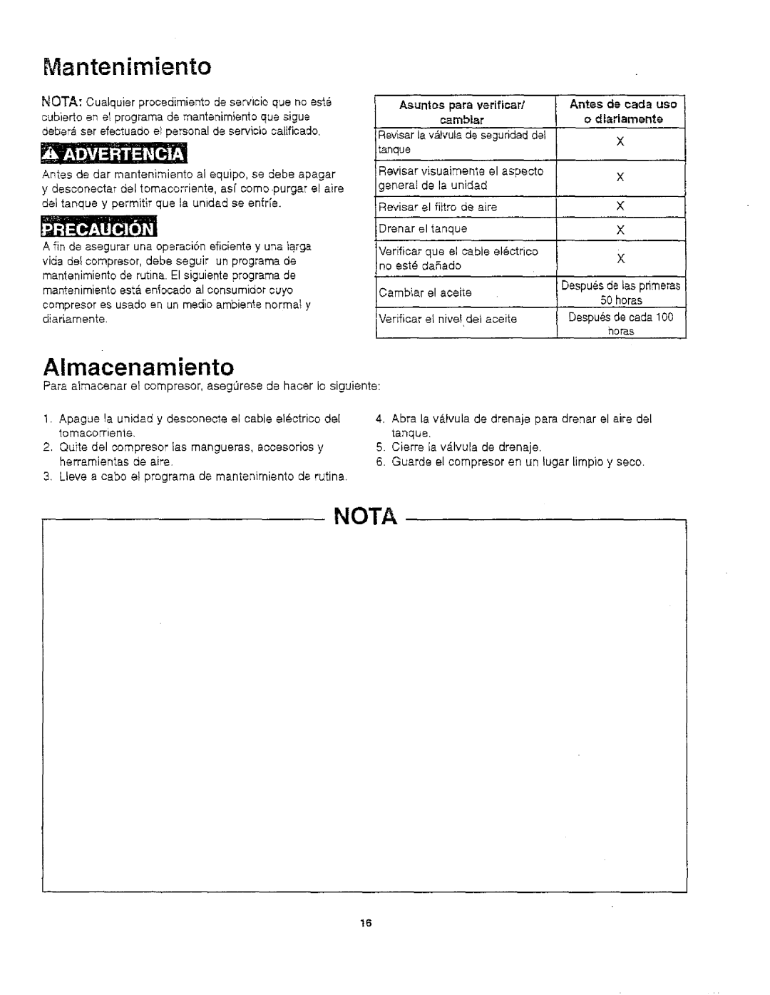 Craftsman 921.166390 Asuntos pare verificsrl Antes de cads use, Diariamente, Aceite, Vefificar El nivel del aceite 