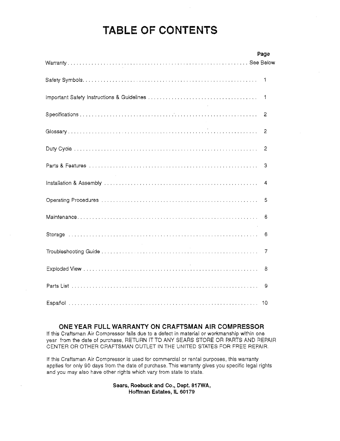 Craftsman 921.166390 owner manual Table of Contents 