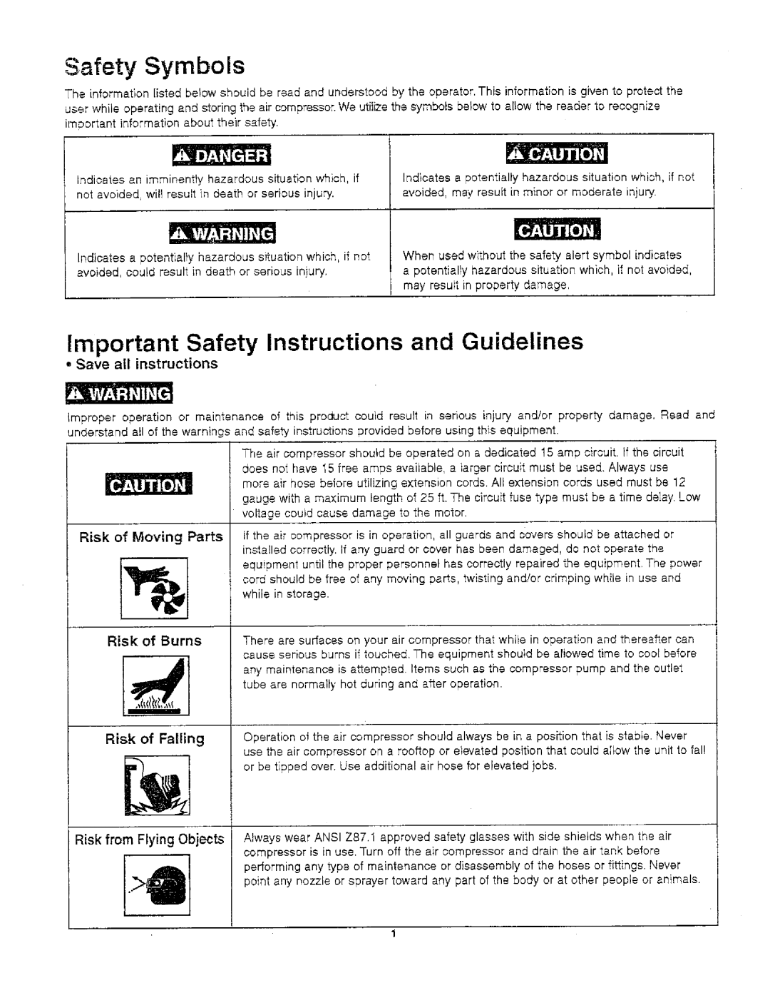 Craftsman 921.166390 owner manual Safety Symbols, Important Safety Instructions and Guidelines, Moving Parts, Risk 