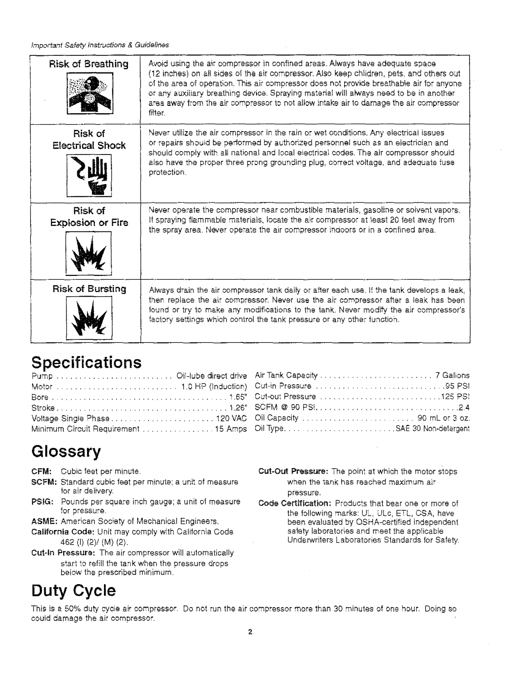 Craftsman 921.166390 owner manual Specifications, Glossary, Duty Cycle, Risk of Bursting 