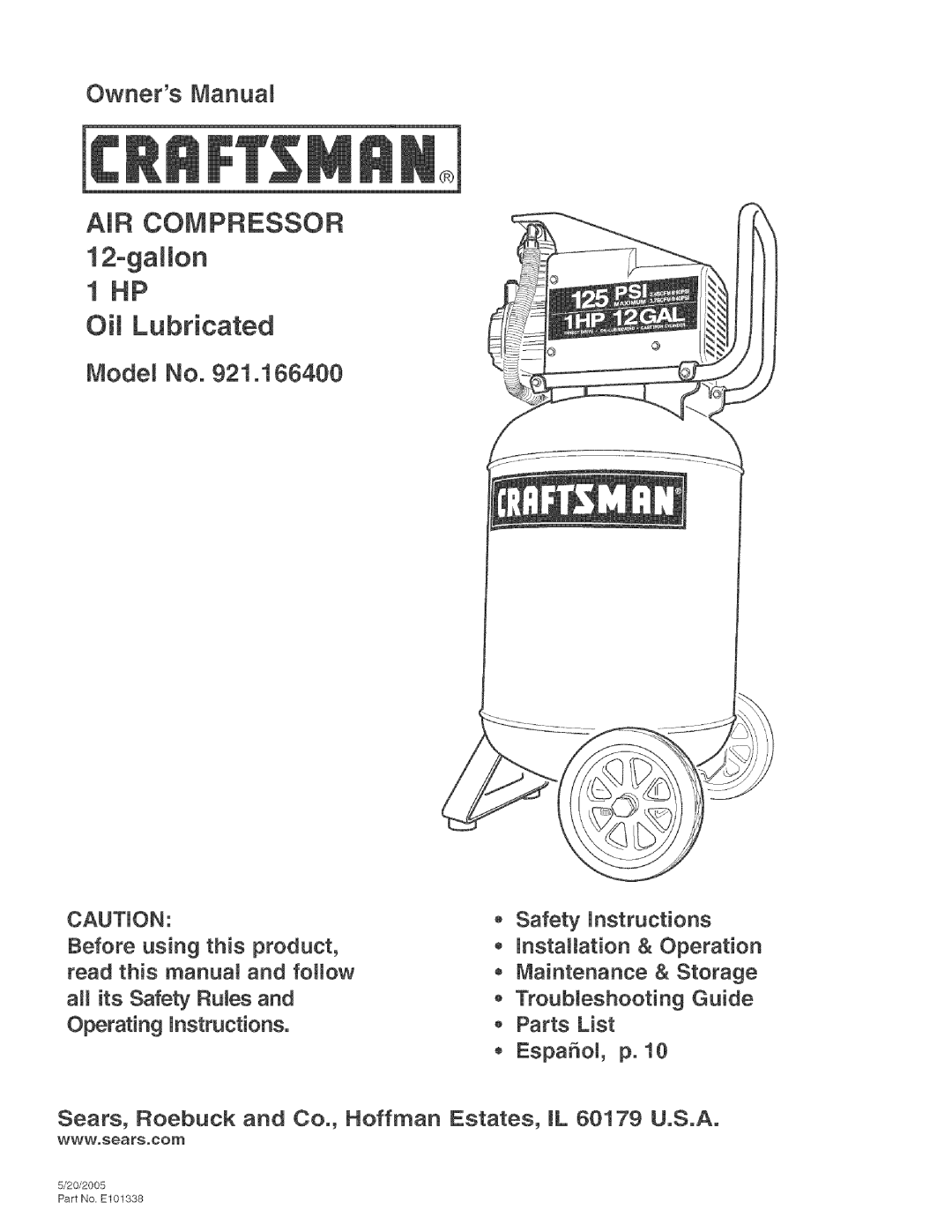 Craftsman 921.1664 operating instructions AiR Compressor GaHton OiJ Lubricated 