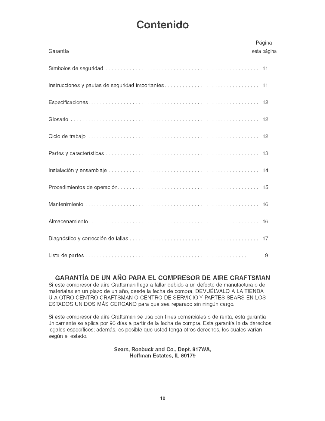 Craftsman 921.1664 operating instructions Contenido, GARANTiA DE UN ANO Para EL Compresor DE Aire Craftsman 