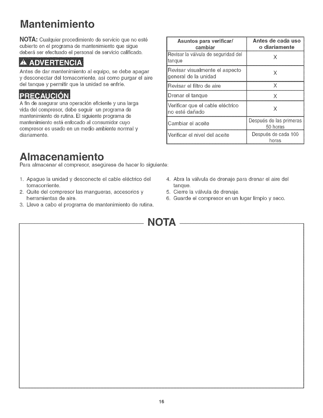 Craftsman 921.1664 operating instructions Mantenimiento, Nota 