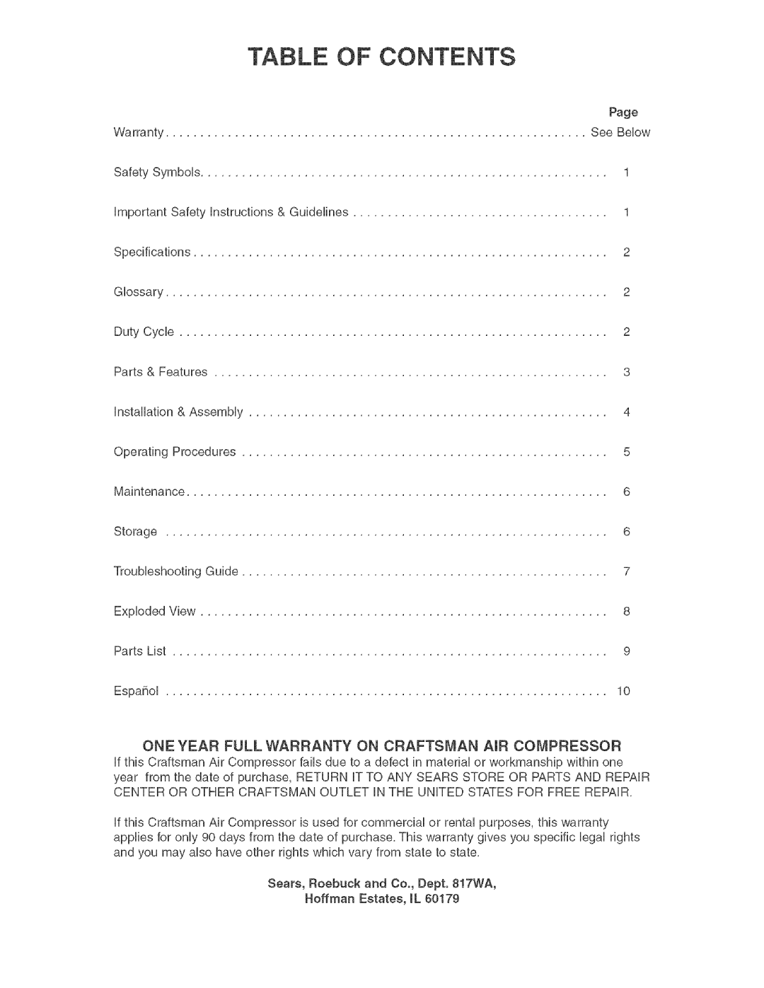 Craftsman 921.1664 operating instructions Table of Contents 