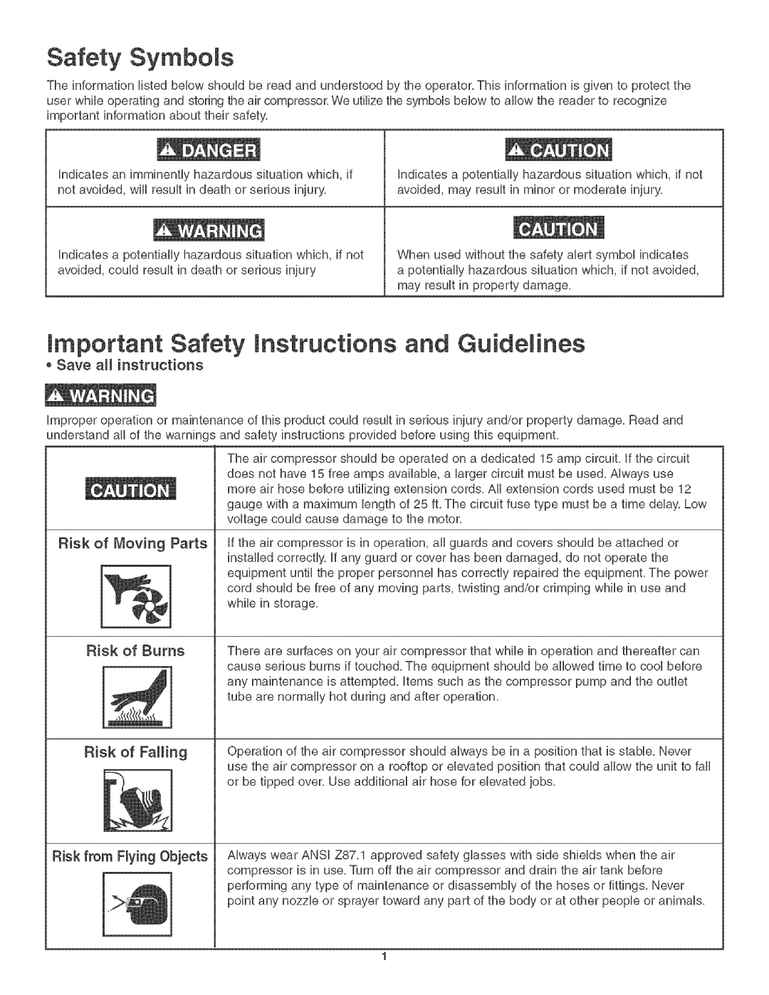 Craftsman 921.1664 Safety Symbols, Mmpottant Safety mnstructions and Guidelines, Save aH instructions 