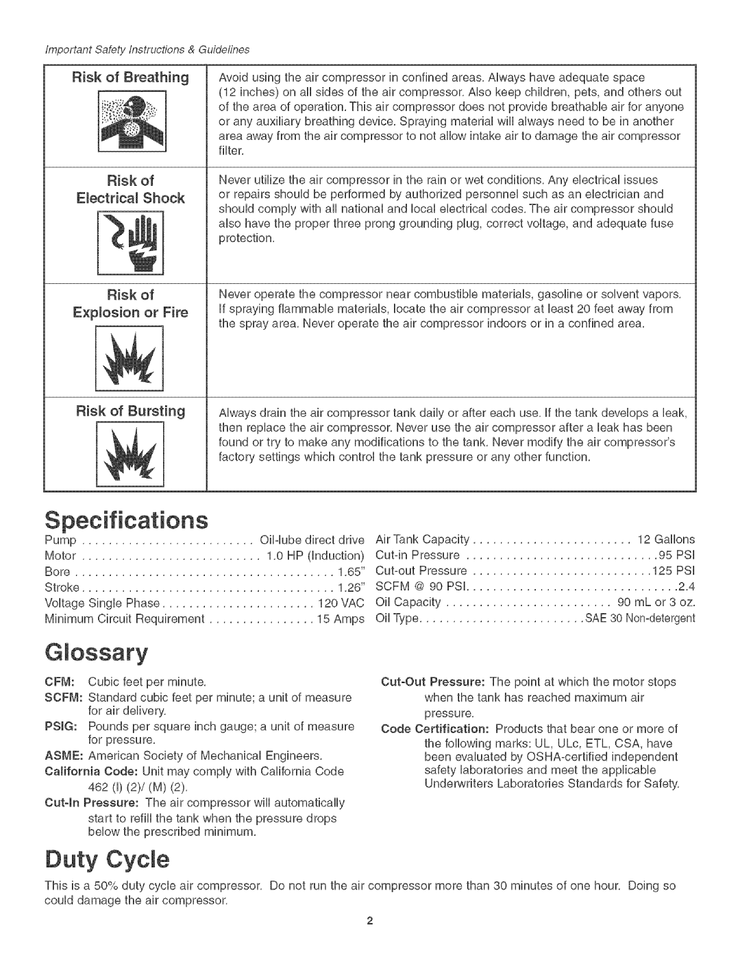 Craftsman 921.1664 Specifications, Ossary, Duty Cycle, Risk Eectrica Shock ×posion or Fire Risk of Bursting 