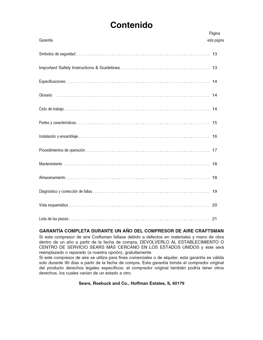 Craftsman 921.16642 owner manual Contenido, Sears, Roebuck and Co., Hoffman Estates, IL 