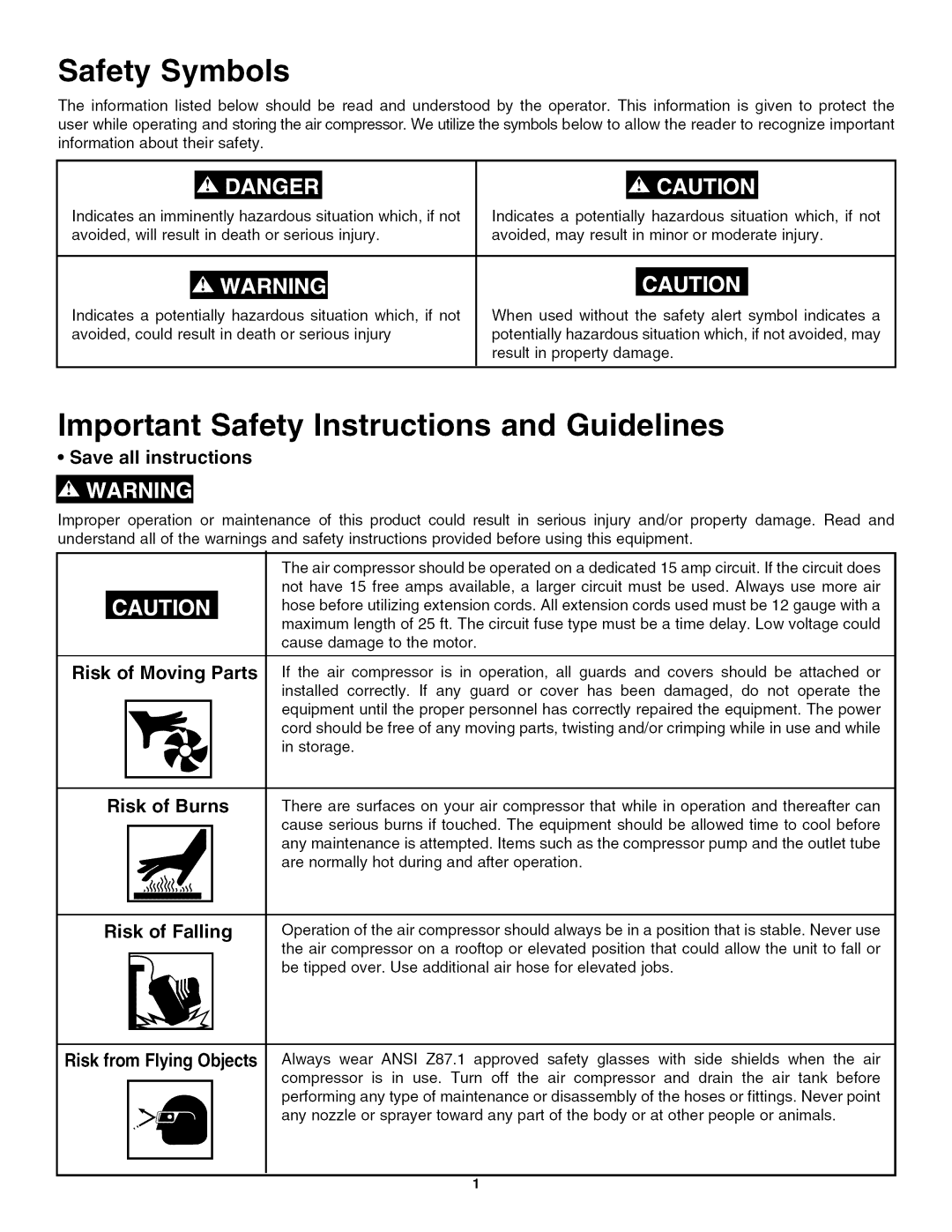 Craftsman 921.16642 owner manual Safety Symbols, Important Safety Instructions and Guidelines, Risk of Burns 