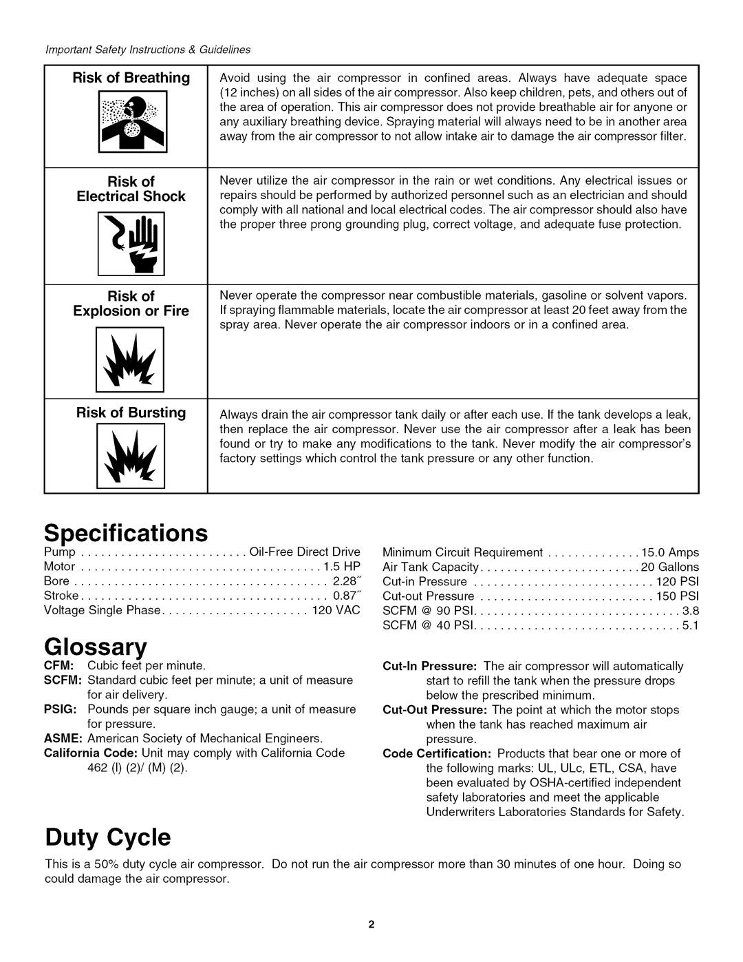 Craftsman 921.16642 Specifications, Glossary, Duty Cycle, Risk Electrical Shock Explosion or Fire Risk of Bursting 