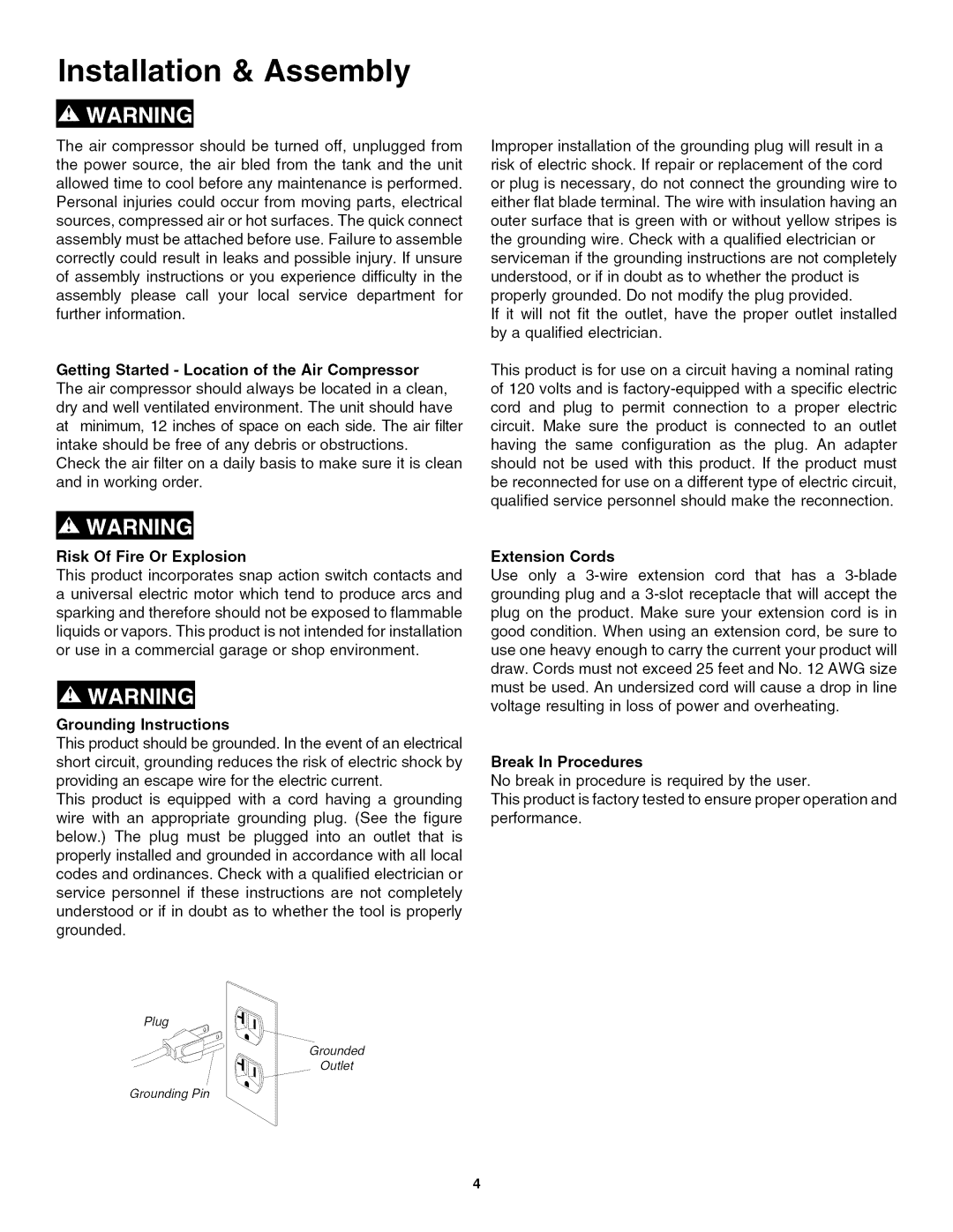 Craftsman 921.16642 Installation & Assembly, Getting Started Location of the Air Compressor, Grounding Instructions 