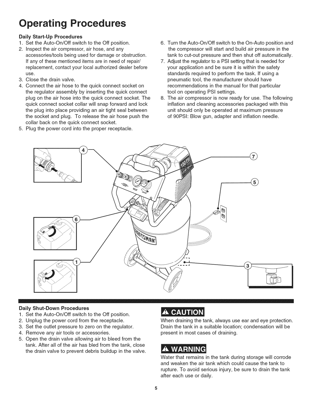 Craftsman 921.16642 owner manual Operating Procedures, DaiJy Start=Up Procedures, DaiJy Shut=Down Procedures 