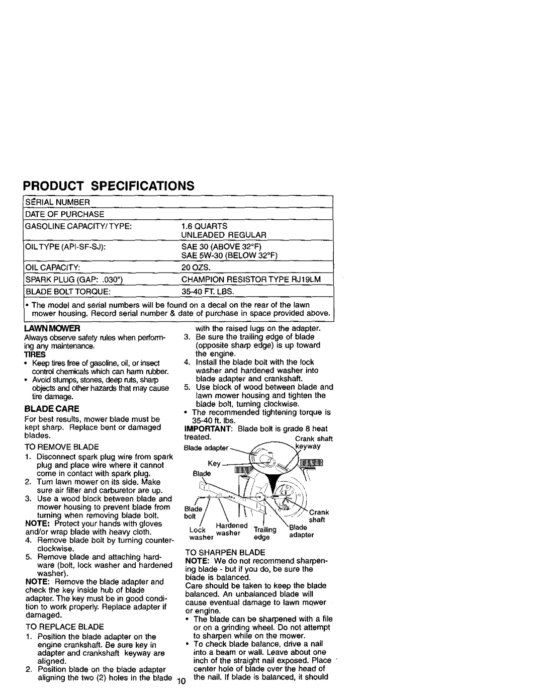 Craftsman 944.36153 owner manual Lawn Mower, Tires, Blade Care, Damaged 