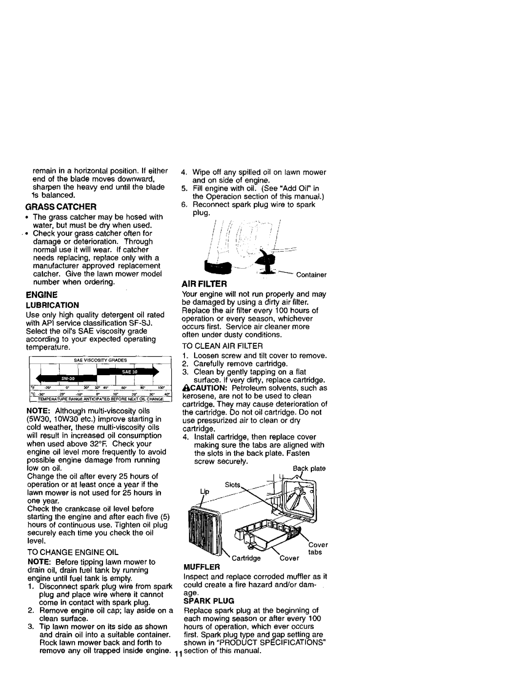 Craftsman 944.36153 owner manual Grass Catcher, Engine Lubrication, AIR Filter, Muffler, Spark Plug 