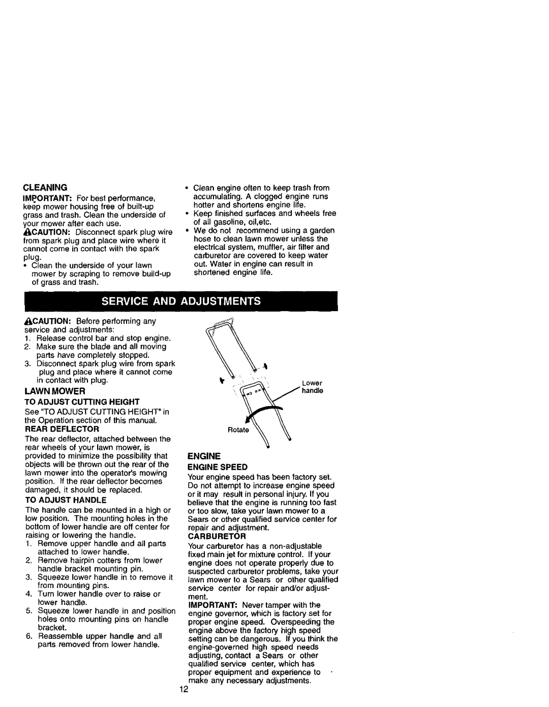 Craftsman 944.36153 owner manual Cleaning, Rear Deflector, To Adjust Handle, Engine Engine Speed, Carburetor 