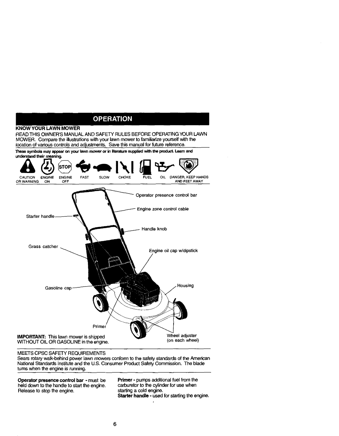 Craftsman 944.36153 Knowyour Lawn Mower, Primer Important This lawn mower is shipped, Meets Cpsc Safety Requirements 