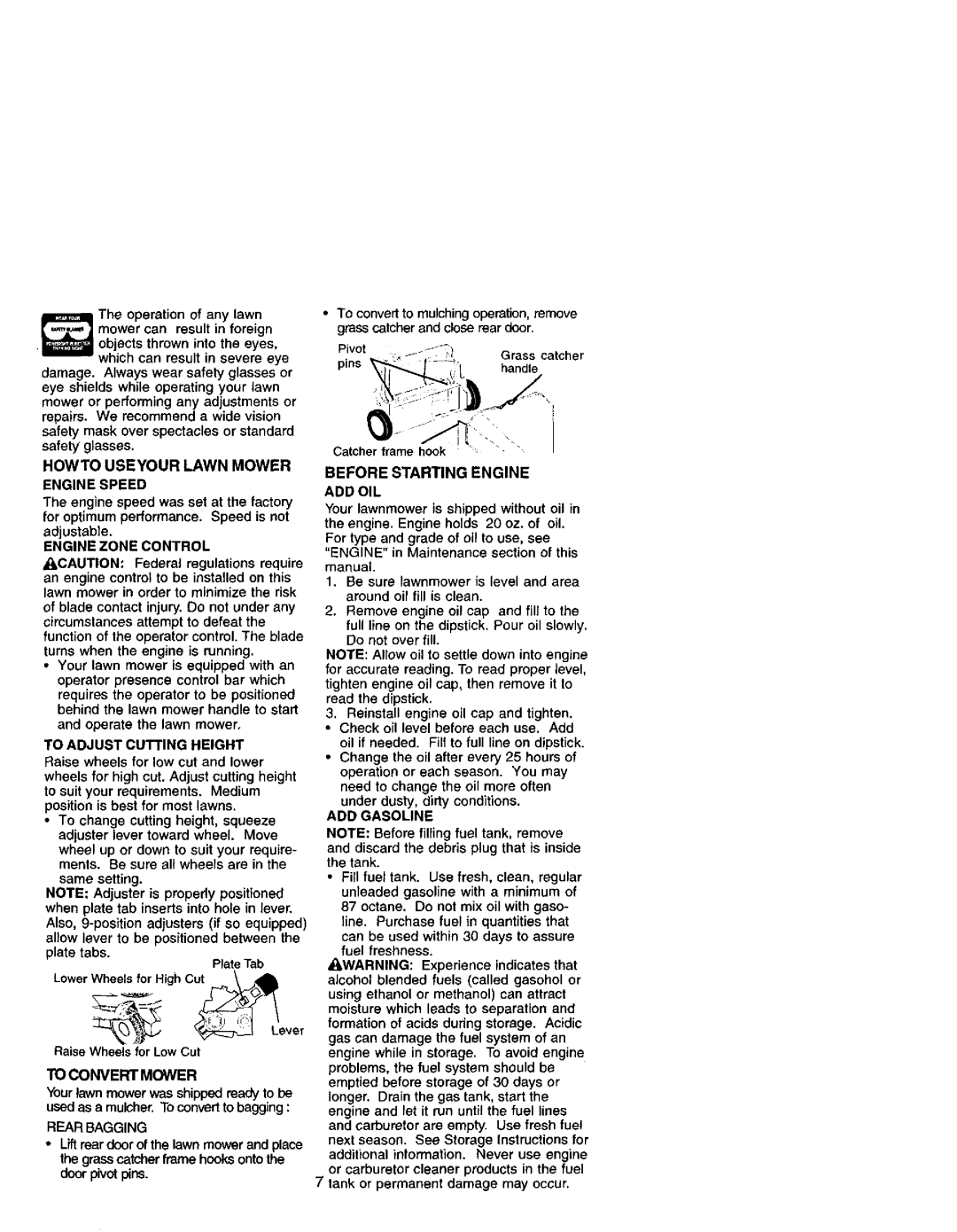 Craftsman 944.36153 Howto Useyour Lawn Mower Engine Speed, Engine Zone Control, To Adjust Cutting Height, To Convert Mower 