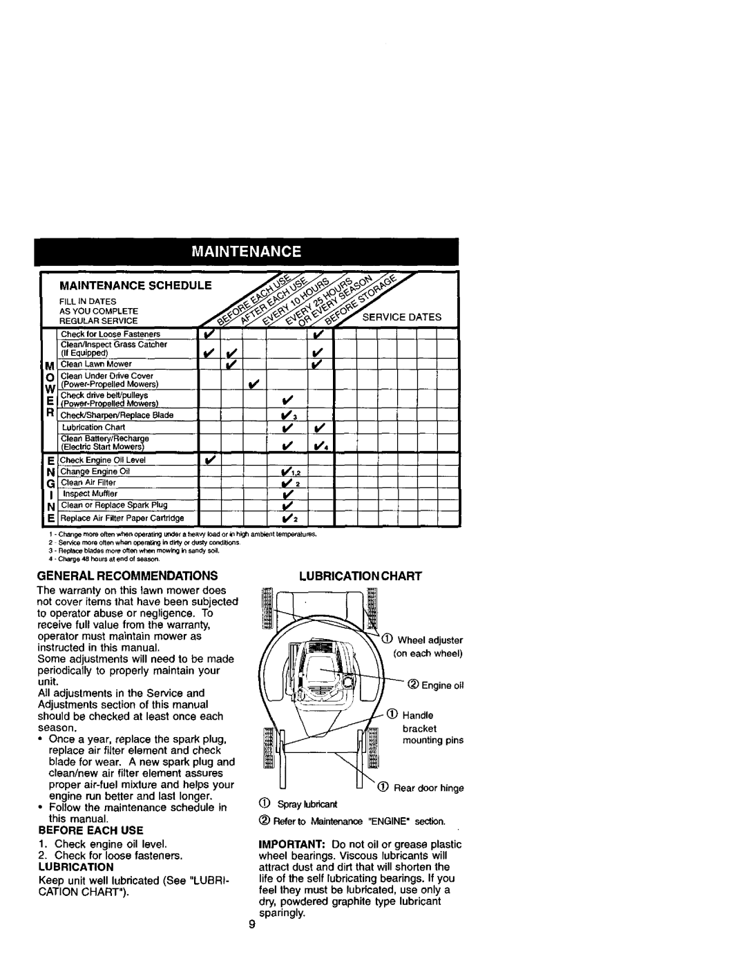 Craftsman 944.36153 General Recommendations, Before Each USE, Check engine oil level, Whee adjuster Oneach wheel 