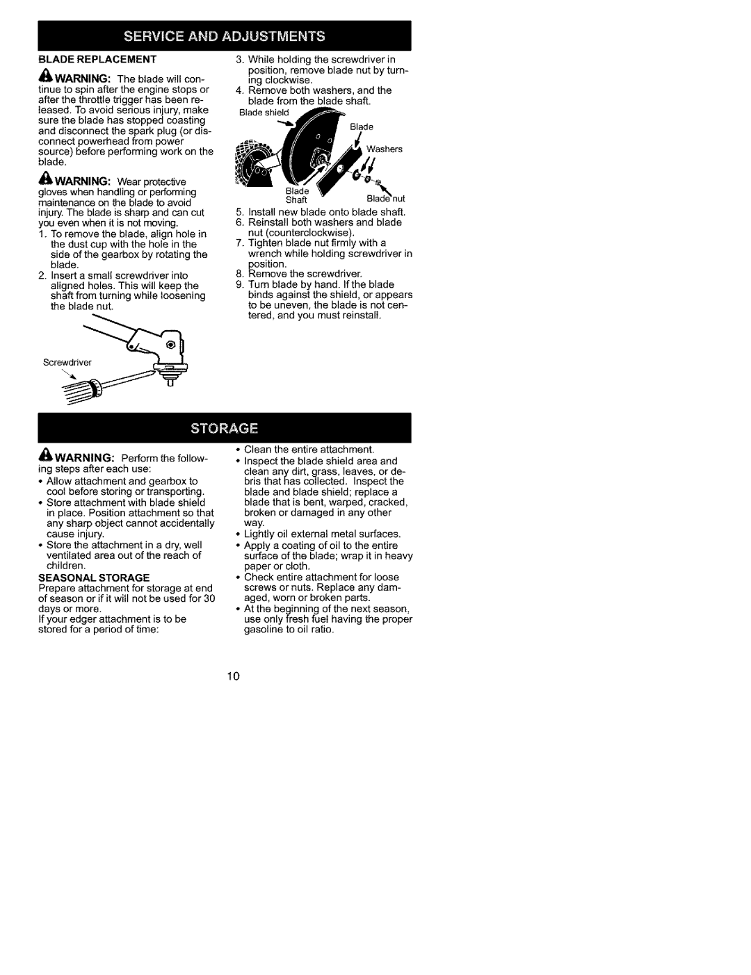 Craftsman C944.511572 instruction manual Blade Replacement, Seasonal Storage 