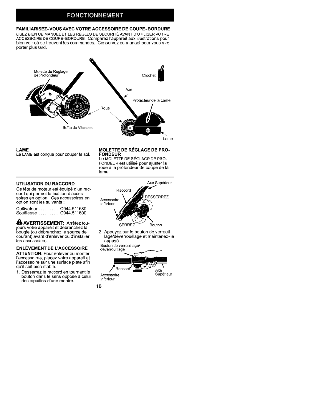 Craftsman C944.511572 FAMILIARISEZ-VOUS Avec Votre Accessoire DE COUPE-BORDURE, Lame, Utilisation DU Raccord 