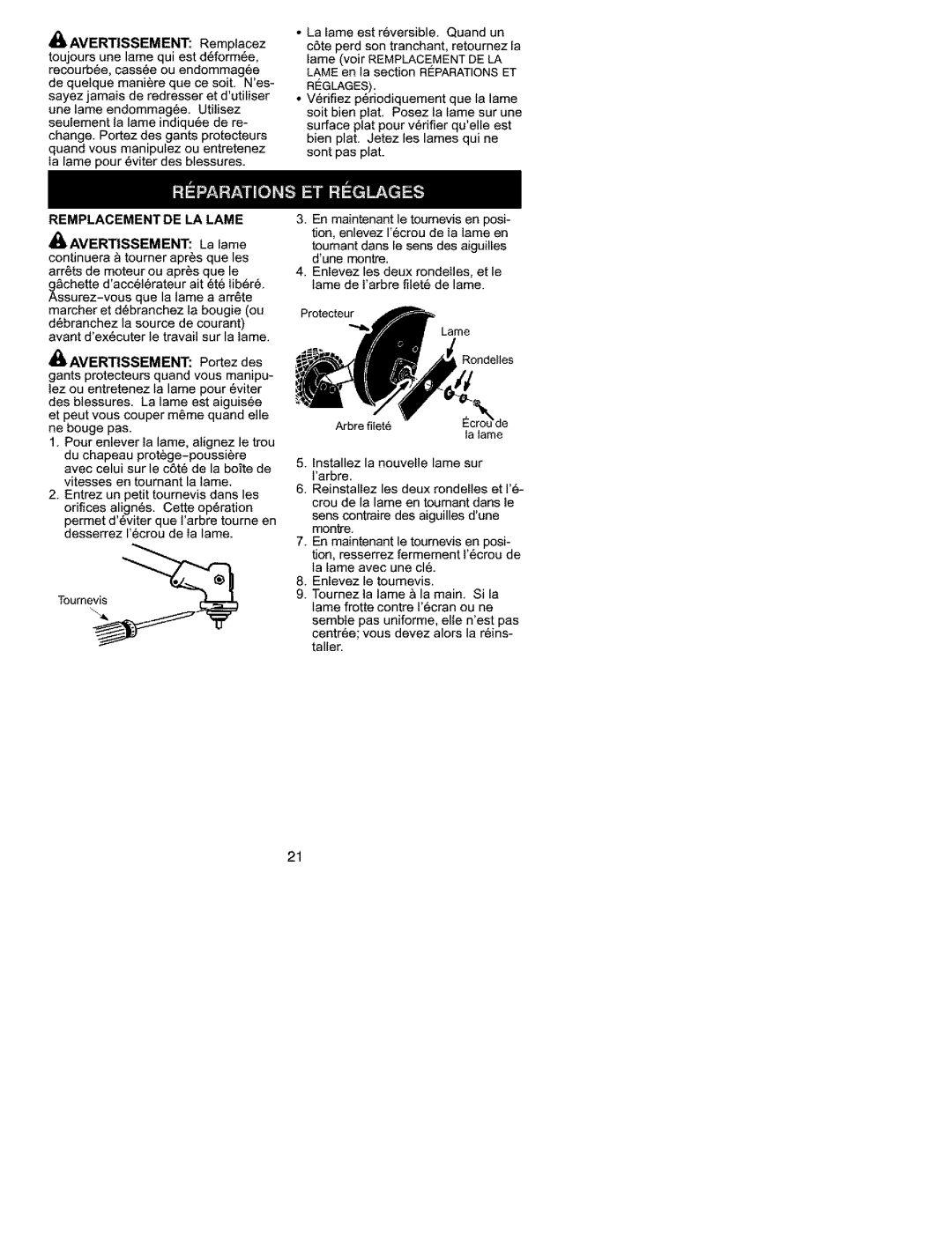 Craftsman C944.511572 Remplacement DE LA Lame, Avertissement Portez des, Du chapeau protge-poussiere, Reglages 