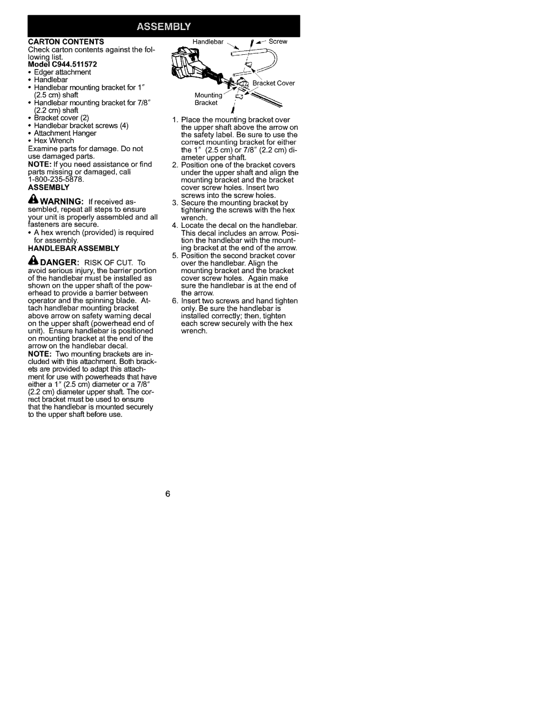 Craftsman C944.511572 instruction manual Carton Contents, Model, Handlebar Assembly 