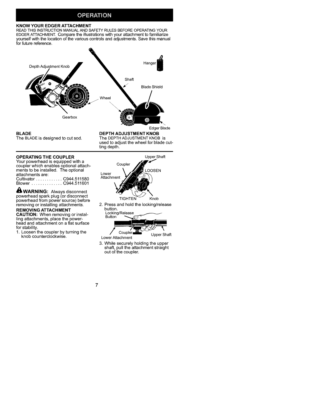 Craftsman C944.511572 instruction manual Know Your Edger Attachment, Blade, Operating the Coupler, Removing Attachment 