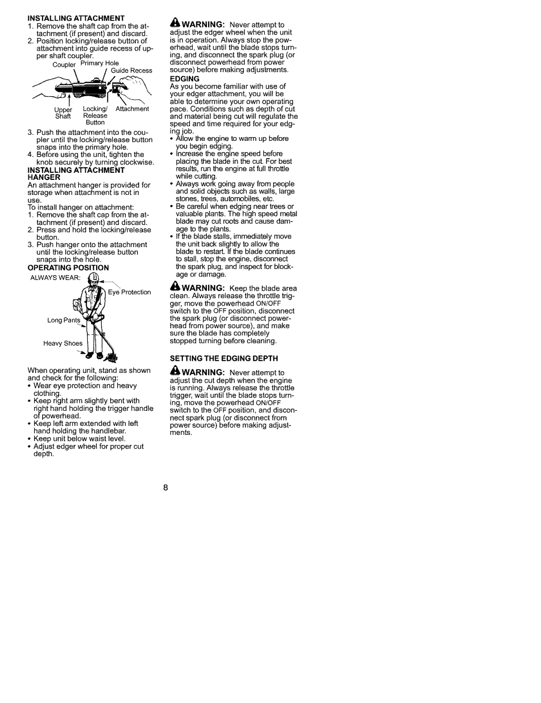 Craftsman C944.511572 instruction manual Installing Attachment, Eye Protection, Setting the Edging Depth 