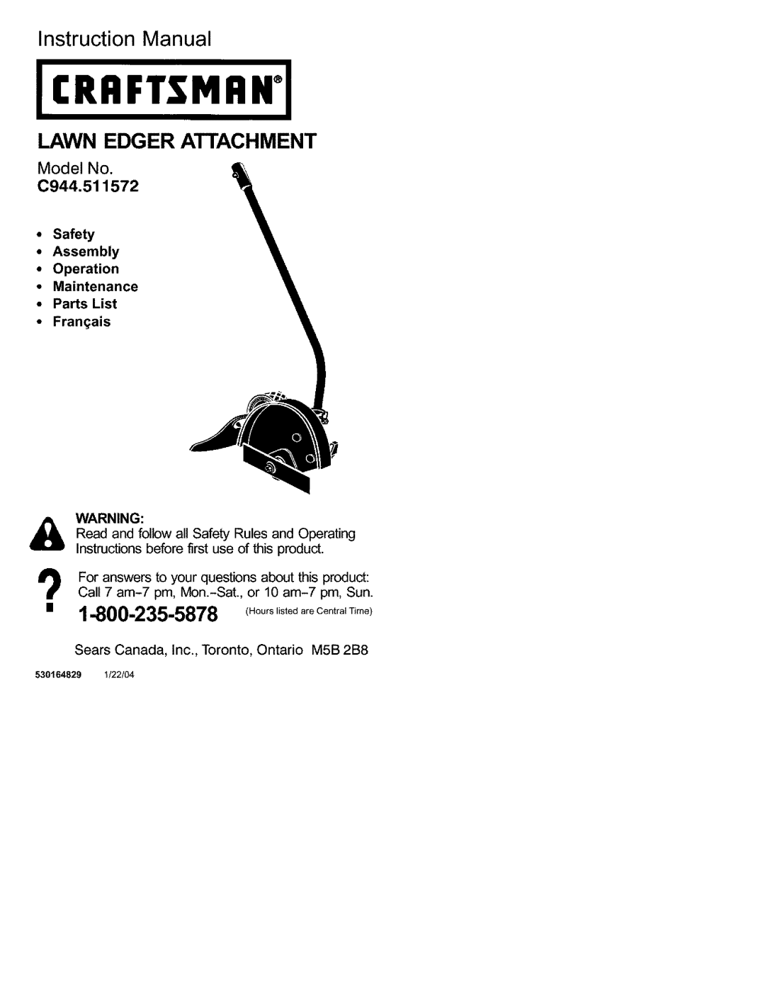 Craftsman C944.511572 instruction manual Safety Assembly Operation Maintenance, Parts List Fran ais, Lawn Edger Attachment 