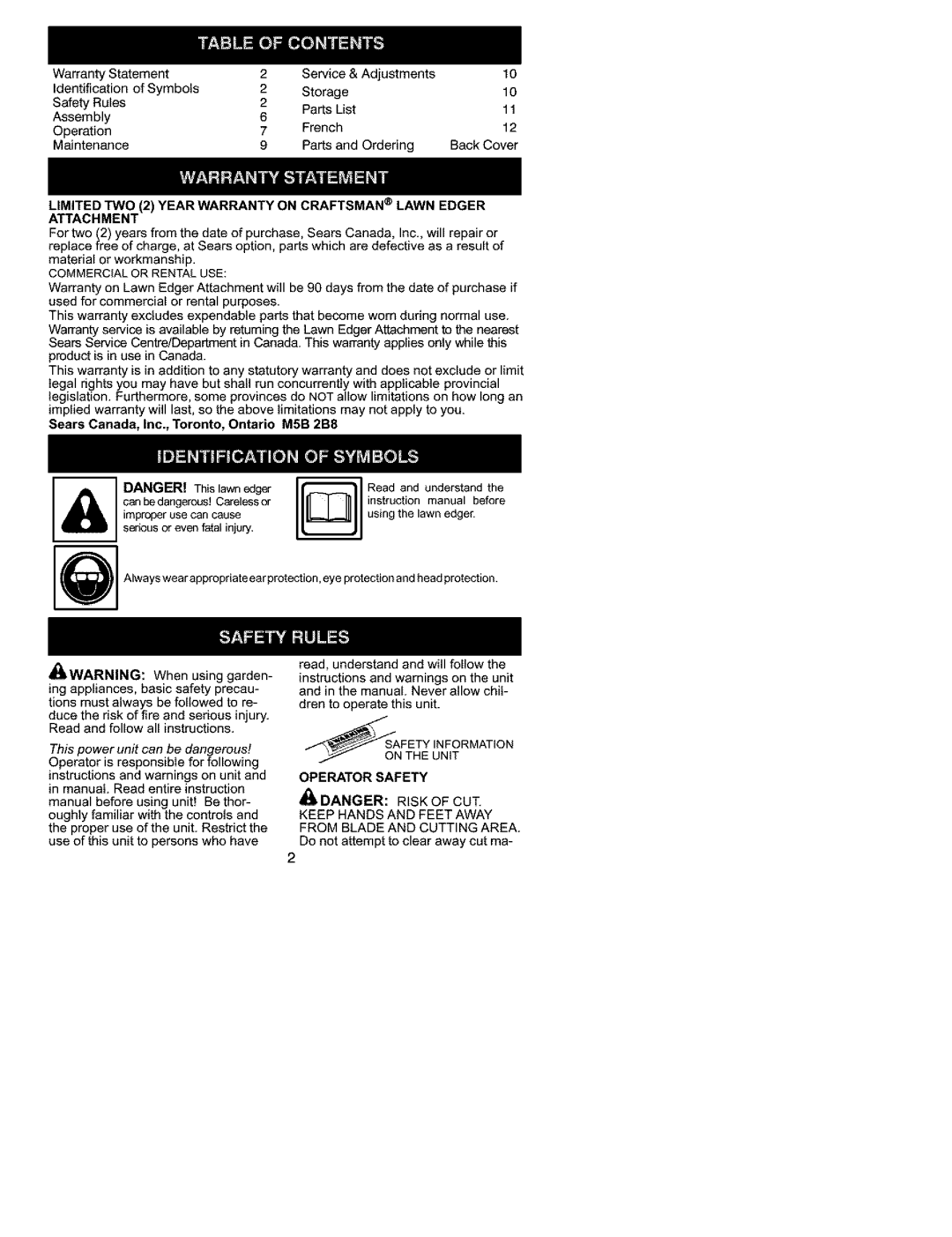 Craftsman C944.511572 instruction manual Attachment, Danger Risk Of Cut 