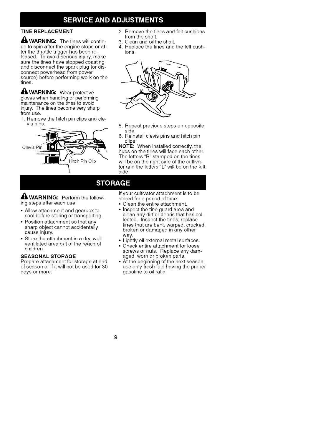 Craftsman C944.511580 instruction manual Tine Replacement, Seasonal Storage 