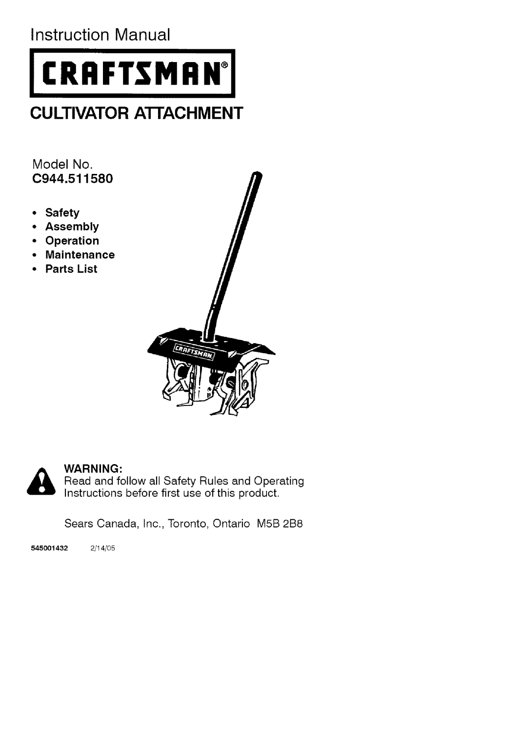 Craftsman instruction manual J€ Raftsma#J, Cultivator Ai-Fachment, Model No, C944.511580, Parts List, 5450014322/14/05 