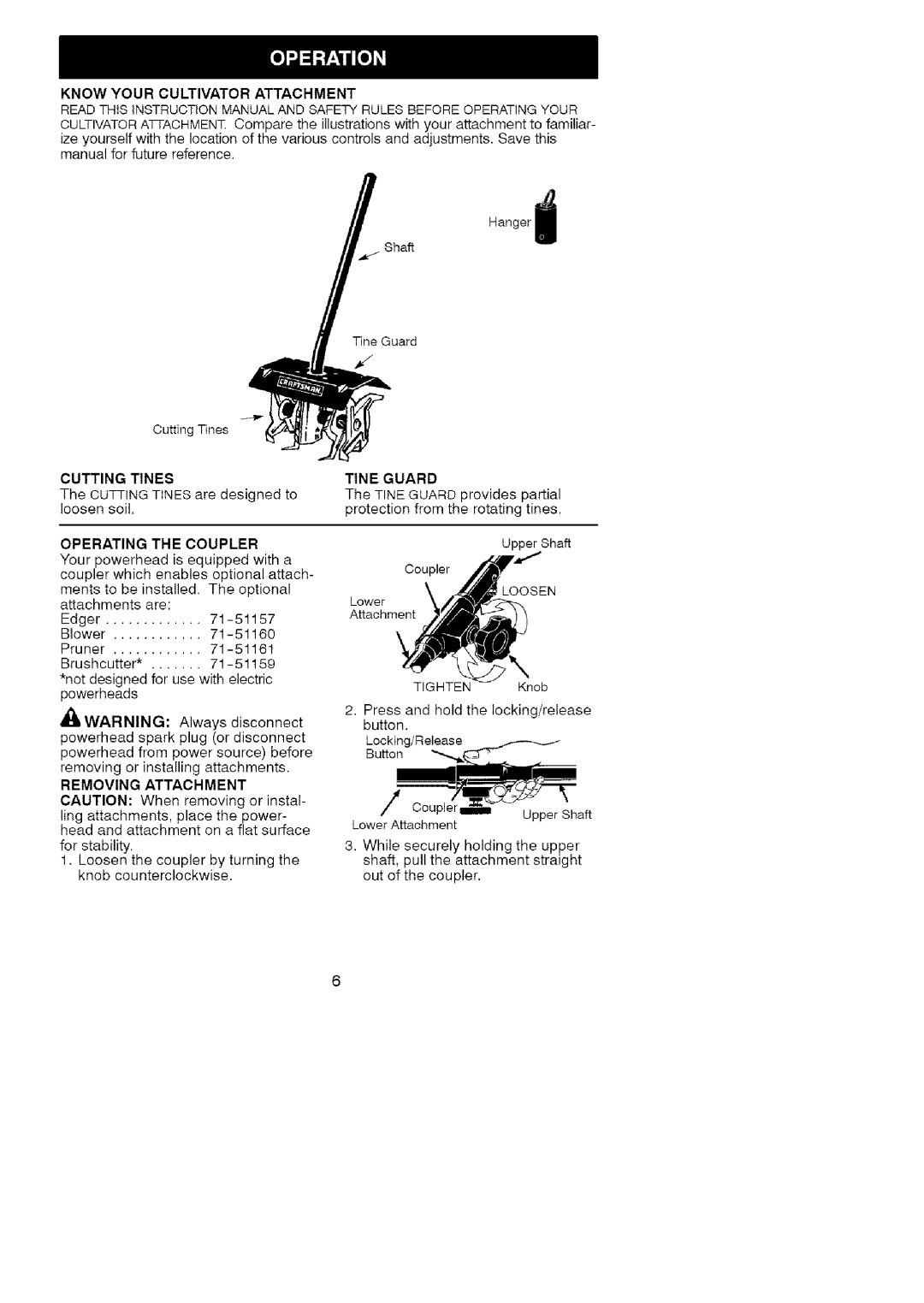 Craftsman C944.511580 Know Your Cultivator Attachment, Operating The Coupler, Removing Attachment, Tine Guard 