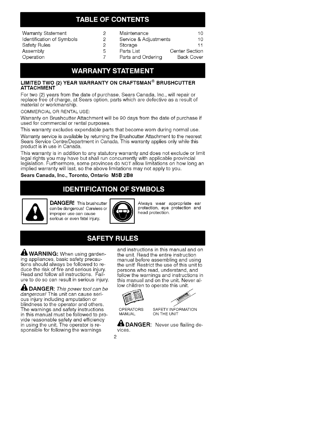 Craftsman C944.511591 instruction manual Commercial or Rental USE, Sears Canada, inc., Toronto, Ontario MSB 2B8 