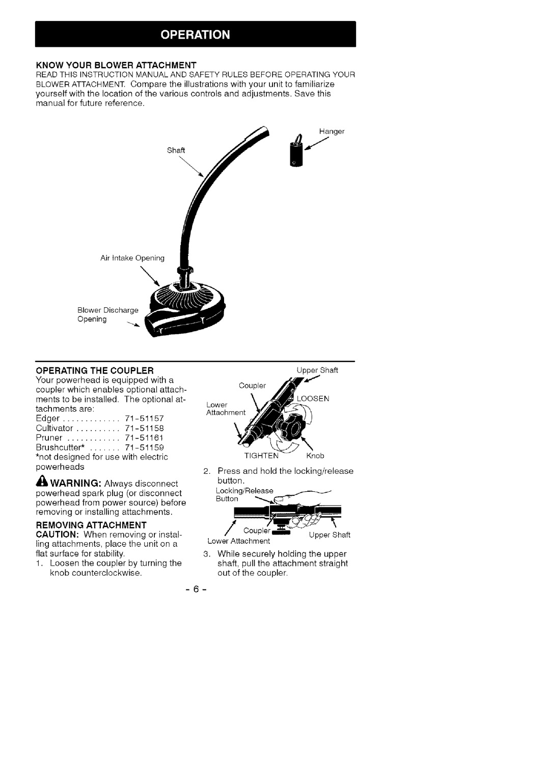 Craftsman C944.511601 instruction manual Know Your Blower Attachment, Operating the Coupler, Removing Attachment 